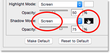 The Shadow Mode and color swatch for the Bevel and Emboss layer effect.