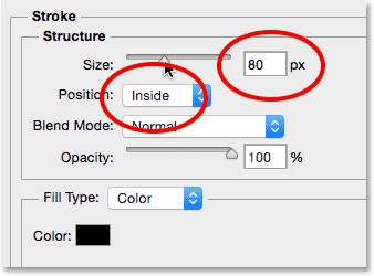 The Position and Size options for the Stroke.