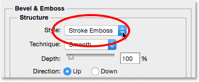 Changing the Style option for Bevel and Emboss to Stroke Emboss.