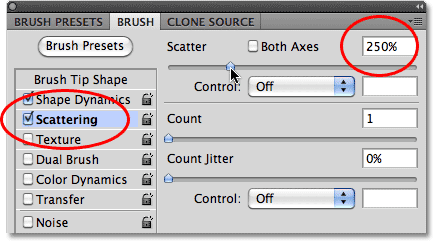 The Scattering options in the Brushes panel.