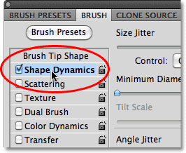 Selecting Shape Dynamics from the Brushes panel in Photoshop.