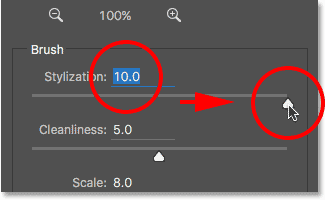 de Stileringswaarde verhoogt tot de maximale instelling.