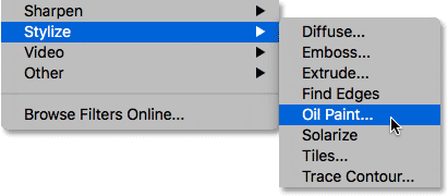 Choosing the Oil Paint filter in the Stylize options under the Filter menu.