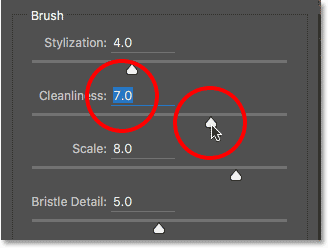 Setting the Cleanliness value to 7 in the Oil Paint filter dialog box.