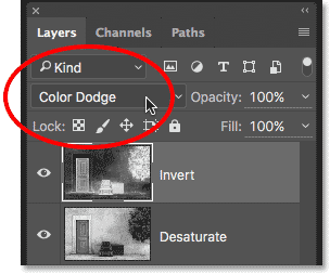 Changing the blend mode of the layer to Color Dodge. 