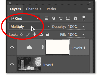 Changing the blend mode for the Levels adjustment layer to Multiply. 