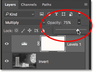 Lowering the opacity of the Levels adjustment layer. 