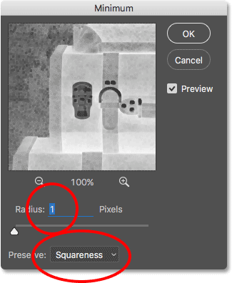 The Minimum filter dialog box in Photoshop CC. 