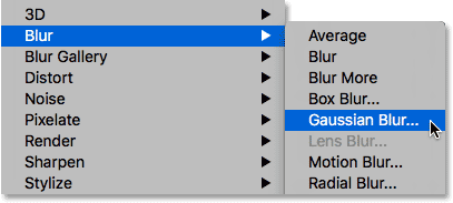 Selecting the Gaussian Blur filter in Photoshop. 