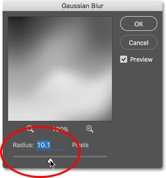 Setting a low radius value in the Gaussian Blur dialog box. 