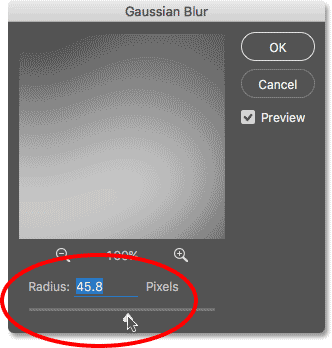 Increasing the radius value in the Gaussian Blur dialog box. 