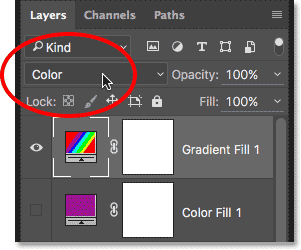 تغيير وضع المزج لطبقة Gradient Fill إلى Color. 