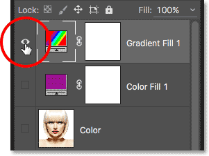 Clicking the Gradient Fill layer's visibility icon. 