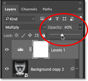 Lowering the opacity of the Levels adjustment layer. 