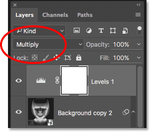 Changing the blend mode of the Levels adjustment layer to Multiply. 