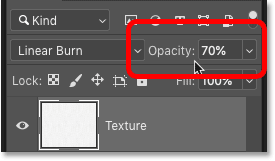 Lowering the Texture layer opacity in Photoshop's layers panel