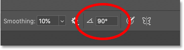 Changing the brush angle in the Options Bar in Photoshop