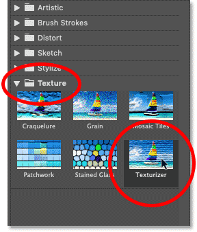 تحديد مرشح Texturizer في Filter Gallery في Photoshop.