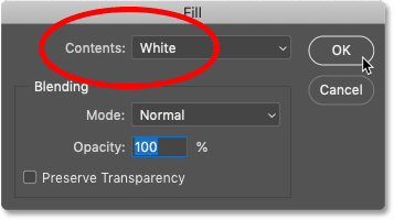 Setting the Contents option to White in Photoshop's Fill dialog box