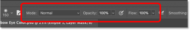 The Brush Tool's Mode, Opacity and Flow options in the Options Bar in Photoshop