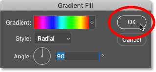 Closing the Gradient Fill dialog box in Photoshop