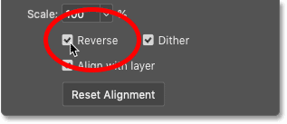 Selecting Reverse in the Gradient Fill dialog box in Photoshop 