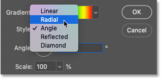 Changing the style of the gradient to Radial in Photoshop's Gradient Fill dialog box