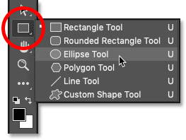 Selecting the Ellipse Tool from the toolbar in Photoshop