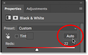 Clicking the Auto button for the Black and White adjustment layer