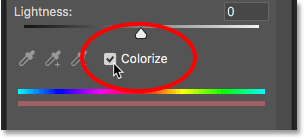 Selecting the Colorize option in the Properties panel