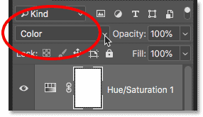 Changing the blend mode of the Hue/Saturation adjustment layer to Color