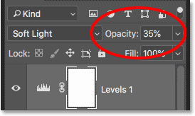 Lowering the opacity of the Levels adjustment layer