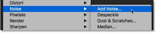 Selecting the Add Noise filter in Photoshop