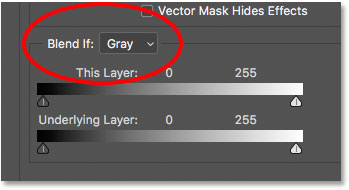 The Blend If option set to Gray in the Layer Style dialog box in Photoshop