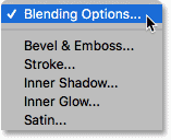 Choosing Blending Options from the Layer Styles menu in Photoshop