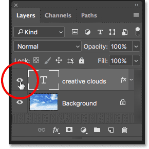 Turning on the Type layer in the Layers panel in Photoshop