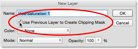 Selecting Use Previous Layer to Create Clipping Mask in the New Layer dialog box.