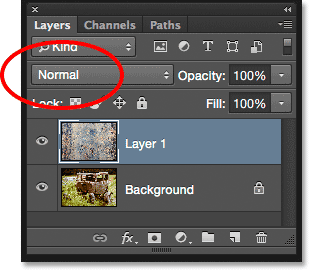 The layer blend mode option in the Layers panel in Photoshop.