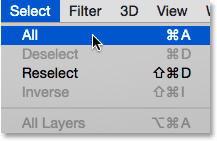 Choosing the Select All command in Photoshop.