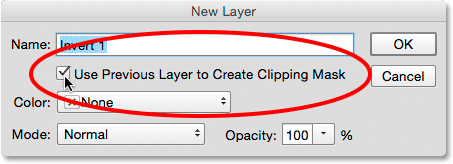 Checking the "Use Previous Layer to Create Clipping Mask" option.