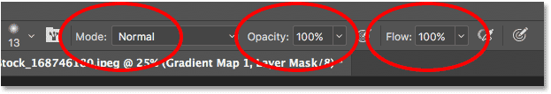 The Brush Tool options in the Options Bar in Photoshop