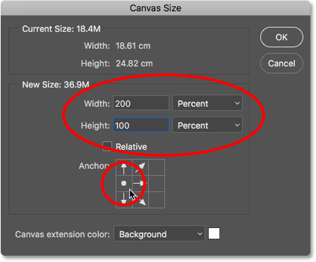 مربع الحوار Canvas Size في Photoshop. 