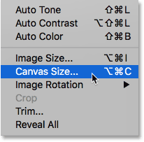 Selecting the Photoshop Canvas Size command. 