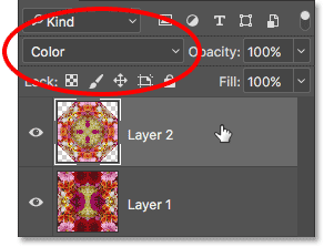 Selecting Layer 2 and changing its blend mode to Color. 