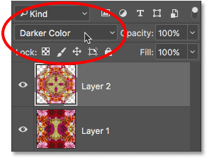 Changing the blend mode of the top layer to Darker Color. 