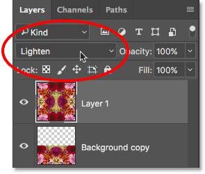 Changing the blend mode for Layer 2 to Lighten. 