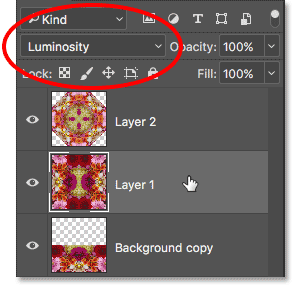 Selecting Layer 1 and changing its blend mode to Luminosity. 