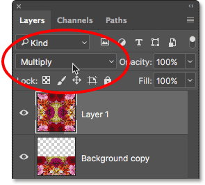 Changing the blend mode for Layer 1 to Multiply. 