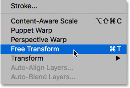 تحديد Free Transform من قائمة Edit في Photoshop.