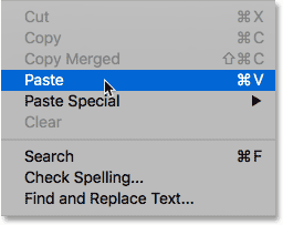 اختيار الأمر "لصق" من قائمة "تحرير" في Photoshop.